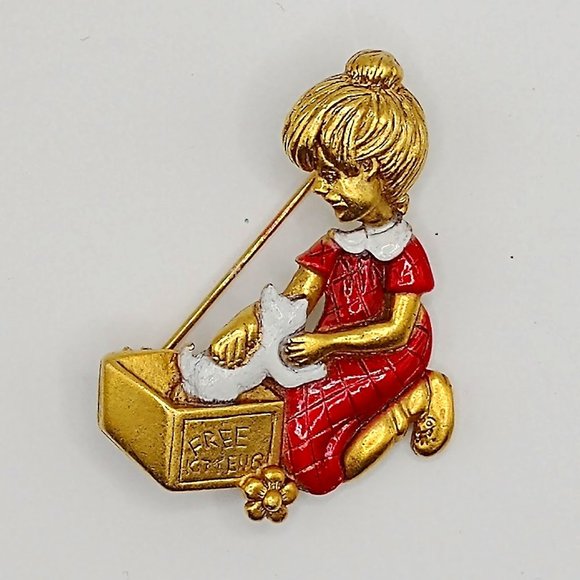 Little Girl with Kitten Brooch/Pin Vintage Signed Danecraft - Picture 1 of 6
